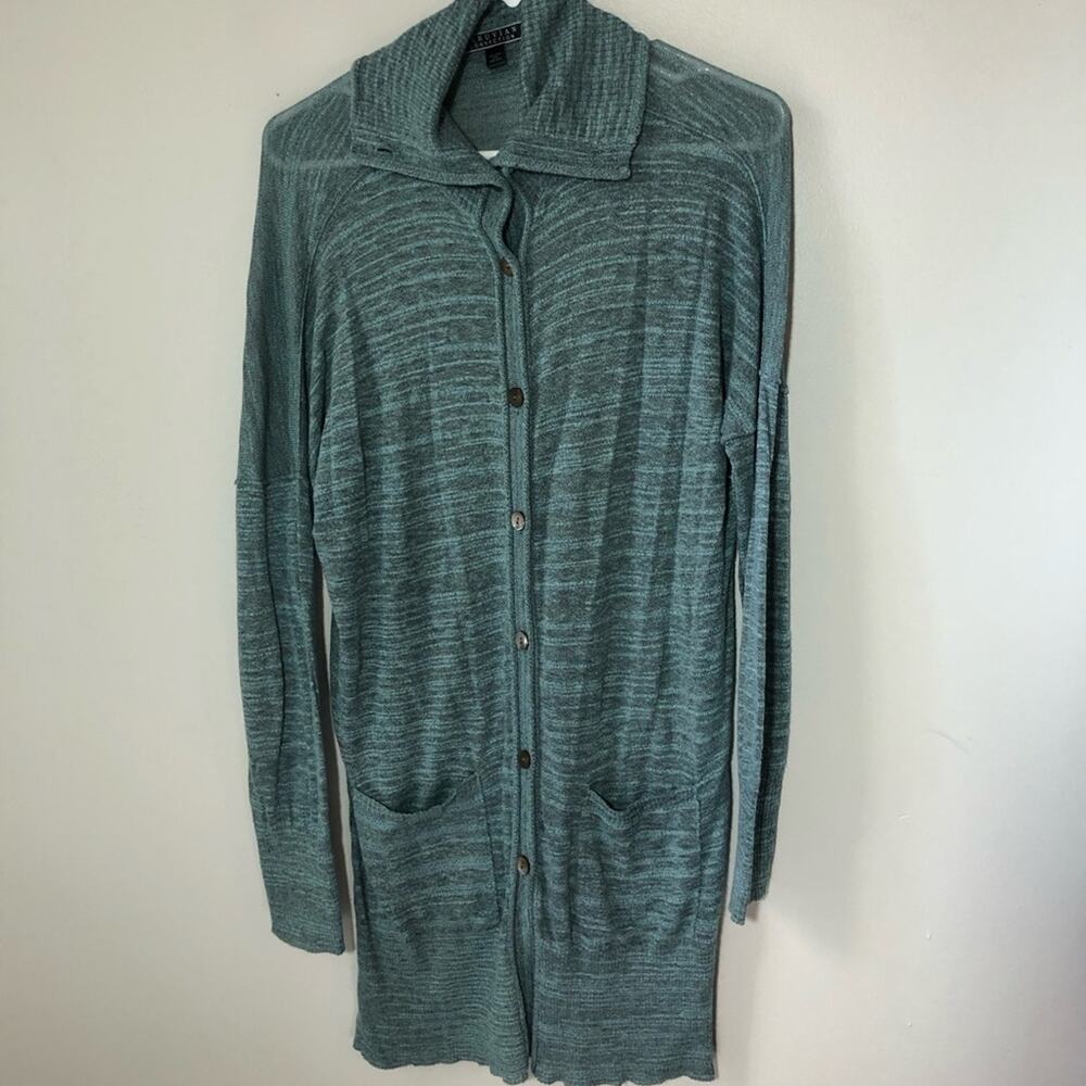 Peruvian Connection pima cotton blend button up cardigan blue heather L pockets